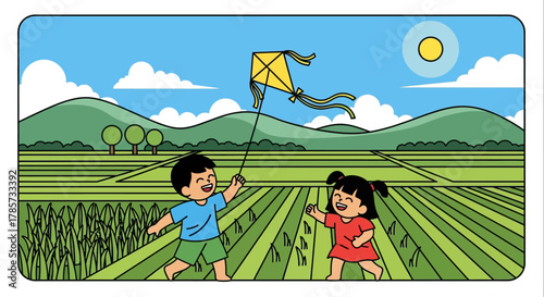 A cartoon illustration of a boy and girl happily flying a yellow kite together in a vast green rice paddy field under a sunny sky.
