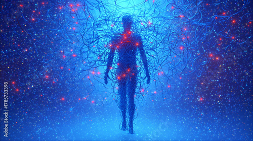 A floating human figure entangled in glowing blue sleep cycle threads with pulsing red warning lights.