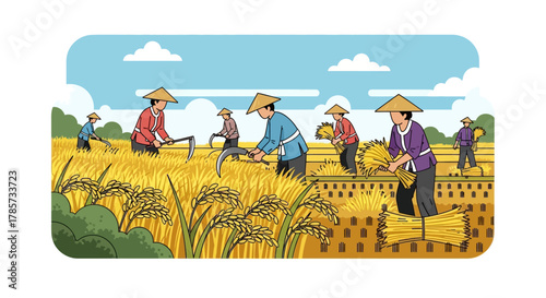 Farmers harvesting golden rice in a field under a blue sky, depicting traditional agricultural work.