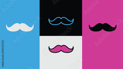Four Stylized Mustache Vector Icons Set. Graphic Pop Art Facial Hair Symbols on Contrast Color Block Backgrounds