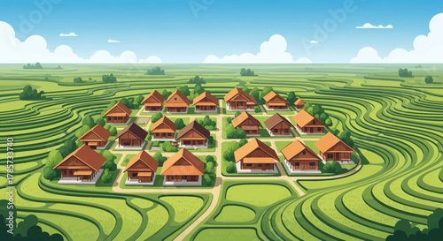 An illustration of a village with houses surrounded by terraced rice fields under a blue sky.