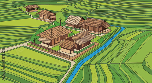 Illustration of a traditional Asian village with wooden houses surrounded by green terraced rice paddies.