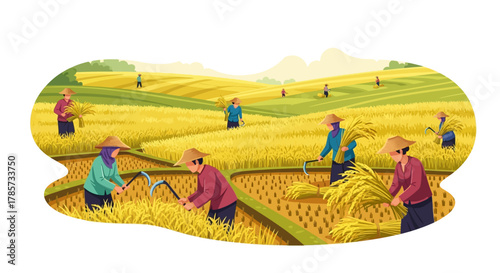 Illustration of farmers harvesting rice in a golden field under a bright sky.