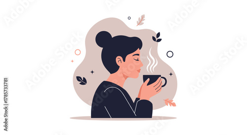 An illustrated woman savoring the aroma of hot coffee from a mug, steam rising, enjoying a moment of relaxation and tranquility in a minimalist design.