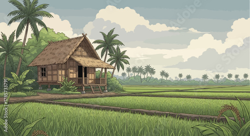 A traditional wooden stilt house nestled among palm trees next to a vast green rice paddy field.