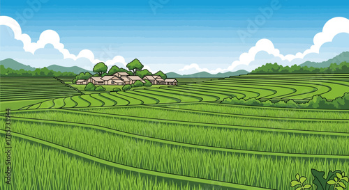 A beautiful illustration of a rural landscape with lush green terraced rice fields and a small village under a blue sky.