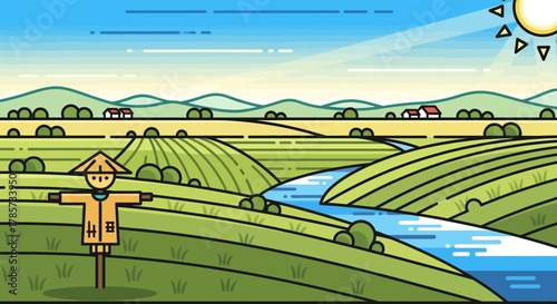 A vibrant, stylized illustration of a rural landscape featuring rolling green hills, a winding river, and a scarecrow guarding a field under a bright sun.