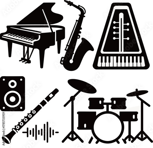 Black vector silhouette icon set of musical instruments. Includes piano, saxophone, drum kit, metronome, speaker, and flute.