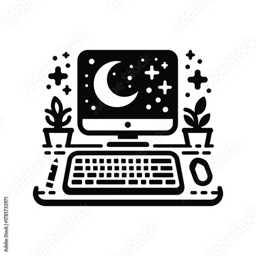 A black and white icon of a computer desk setup with a night sky on the screen.