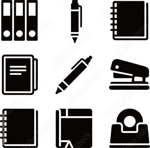 Black vector icon set of office supplies and stationery. Includes binder, pen, notebook, stapler, and tape dispenser.