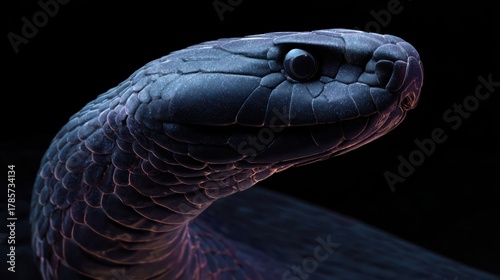 Black mamba snake close-up showing intricate scales and sharp features in a dark environment