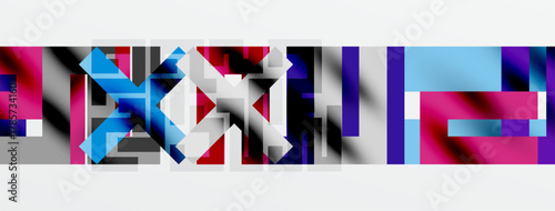 Abstract geometric shapes, vibrant colors, white background. Composition features overlapping rectangles, triangles, squares. Modern design.