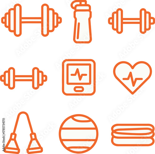 Orange outline vector icon set for fitness and gym. Includes dumbbell, exercise ball, resistance band, and heart rate monitor.