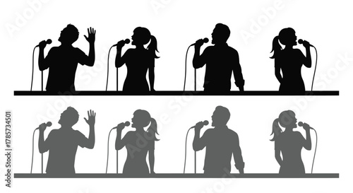 Dynamic singers performing with microphones in silhouette and line art