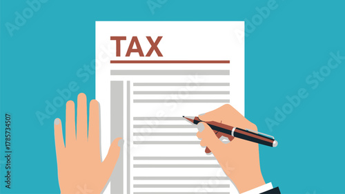 Hands Filling Out Tax Form Document with Pen. Tax Day, Payment, and Financial Reporting Concept Vector Illustration.