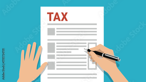 Hands Filling Out Tax Form Document with Pen. Income Tax Return Preparation, Accounting, and Financial Filing Concept Vector Illustration.