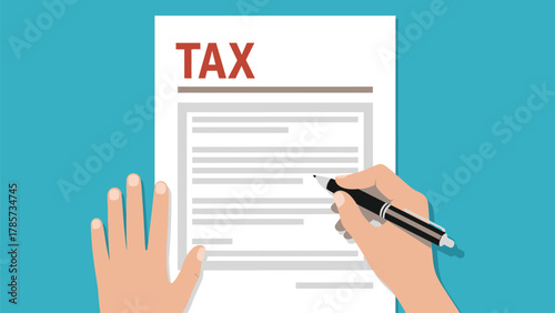 Hand Filling Out Tax Form Paperwork. Flat Vector Illustration of Person Completing Annual Income Tax Return Document