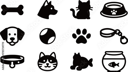 Black vector silhouette icon set for pets, cat, and dog. Collection of symbols for pet shop, veterinary, and animal care.