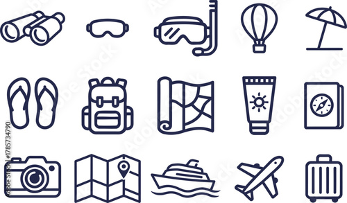 Travel, vacation, and tourism line icon set. Vector collection of symbols for summer holiday, journey, and adventure.