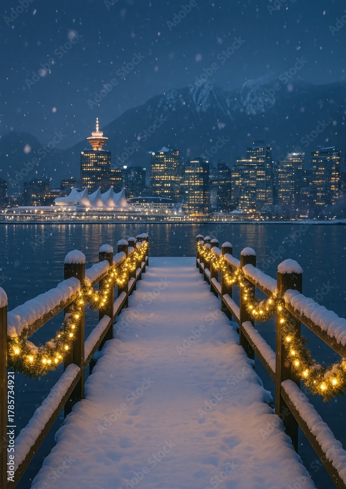 Fototapeta premium Snowy pier cityscape festive lights