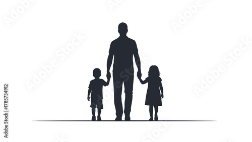 Father Holding Hands with Son and Daughter Silhouette Vector Illustration. Family Togetherness and Parenting Concept Graphic.