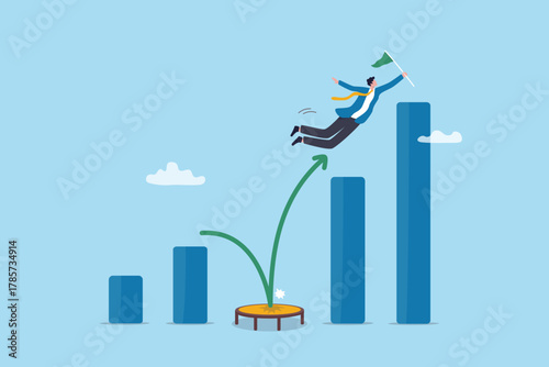 Motivation to reach target, resilience to jump back higher to achieve goal, never give up to progress career ambition, leadership concept, businessman jump back higher on growing graph to reach goal.