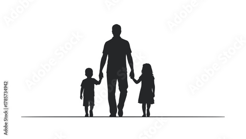 Father walking with his son and daughter holding hands silhouette vector illustration