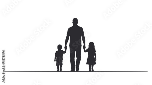 Father Walking with Son and Daughter Holding Hands Silhouette Vector Illustration
