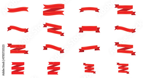 Collection of red ribbons with golden trim, banner elements set