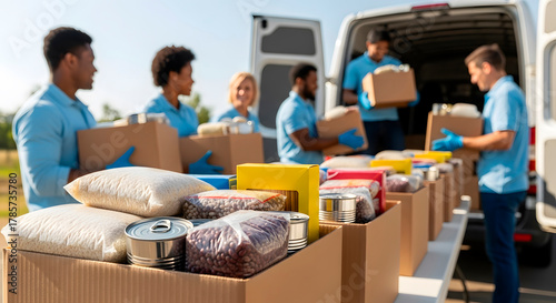 Group of diverse men and women volunteers delivering food and donations from a van. Community service and charity concept for helping people in need.