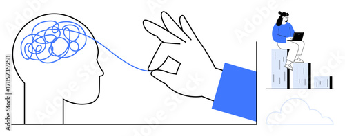 Human brain outline with tangled lines, hand untangling thread. Woman sitting on bar graph using a laptop. Ideal for mind clarity, creativity, problem-solving, mental health, productivity