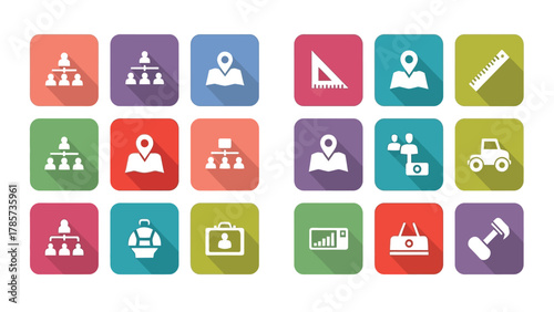 Universal Flat Design Vector Icon Set with Long Shadow Style for Business Organization, Planning, Navigation, and Technology Concepts