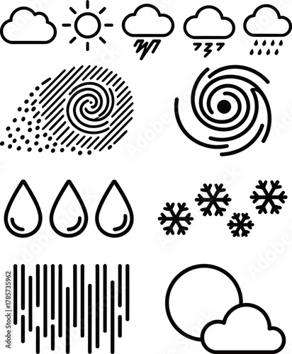 Black vector silhouette icon set for office work and stationery. Includes computer, printer, file folder, and desk lamp.