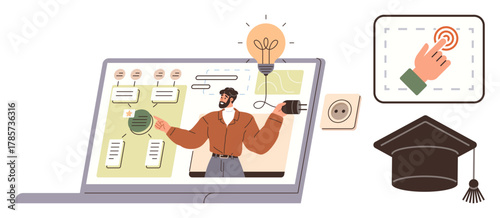 Laptop screen with instructor presenting ideas using flowcharts, lightbulb, hand clicking button, and graduation cap. Ideal for education, e-learning, training, innovation, technology teaching