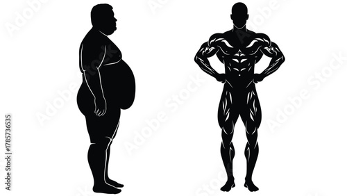 Body Transformation Vector Silhouette Illustration: Before and After Weight Loss Graphic Showing Obese Man and Muscular Fit Man