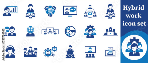 Minimalist hybrid work outline icon set, hybrid work, remote work, office work, work from home, home office, co-working, virtual meetings, video calls, online collaboration, digital workplace and more