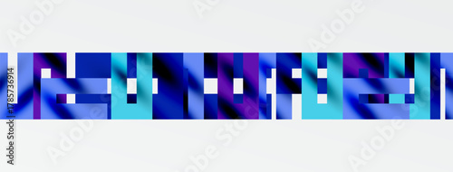 Abstract geometric shapes, blue hues dominate. Rectangles form pattern, white background provides contrast. Minimalist design, modern aesthetic.