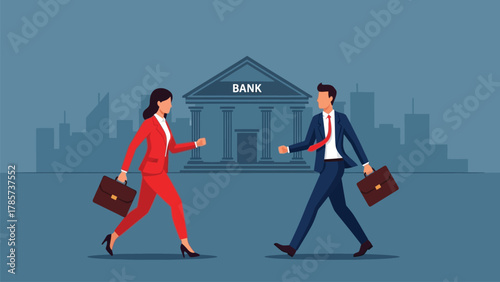 Business People Walking Toward Bank Building Silhouette. Finance, Career, and Successful Banking Operations Vector Illustration