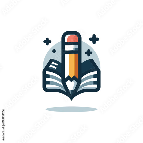 A stylized illustration of an open book with a prominent pencil, symbolizing education, learning, and creative writing.