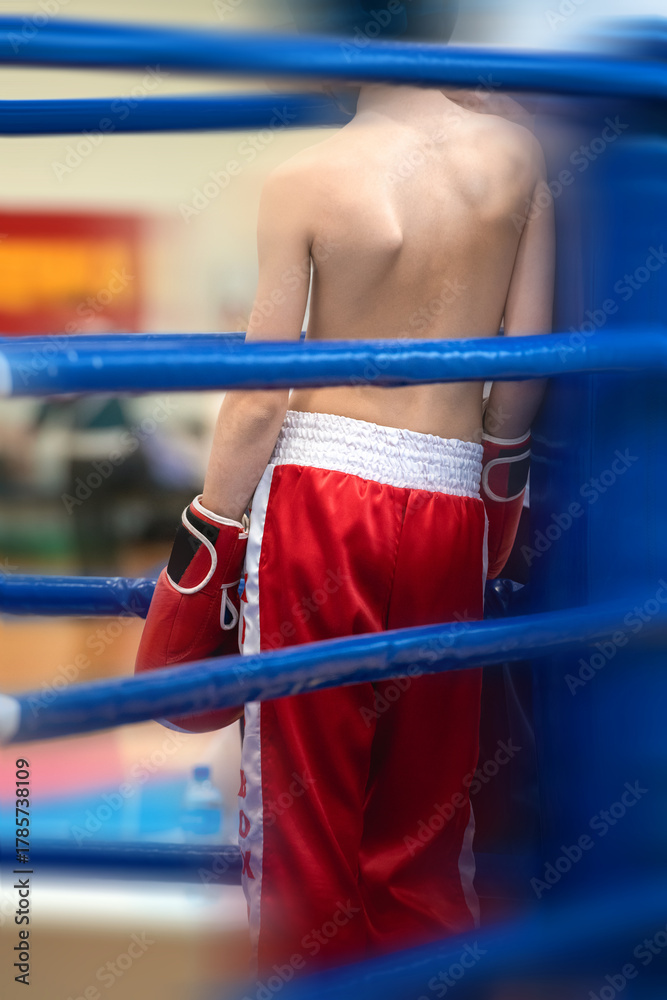 Naklejka premium Abstract composition with blue and red dynamic elements on combat sports - boxing ring corner with fighter?s silhouette, motion blur, and space for text