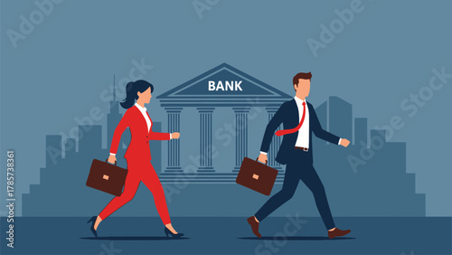 Businessman and Businesswoman Running Towards Bank Building in City
