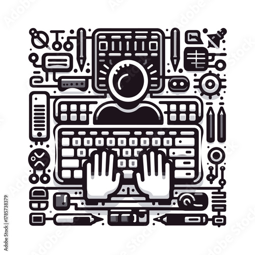 An intricate black and white illustration depicts a person typing on a keyboard surrounded by various technological and artistic tools.