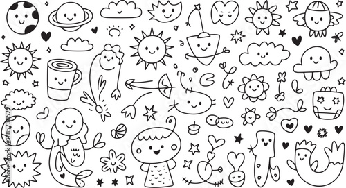 A whimsical black and white doodle sheet with cute smiling celestial bodies clouds hearts and mythical creatures