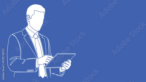 Continuous Line Drawing of Anonymous Businessman Working on Digital Tablet Vector Illustration on Blue Background
