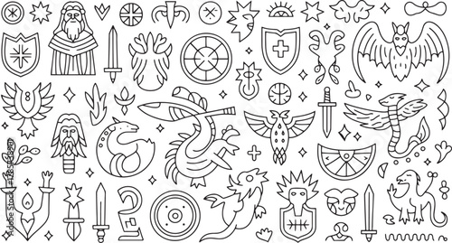 Black and white doodle sheet featuring mythical creatures shields swords and ancient symbols line art