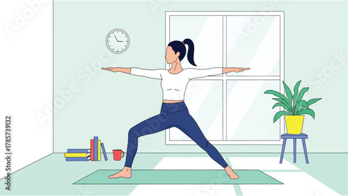 Woman Practicing Warrior II Yoga Pose at Home. Fitness, Wellness, and Healthy Lifestyle Vector Illustration