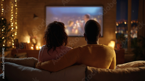 Couple enjoying movie night at home, relaxing together on a cozy couch watching tv