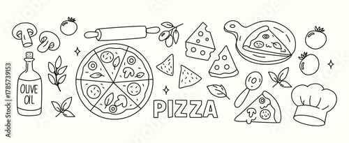 Pizza doodle set hand drawn food illustration with cheese, tomato, mushrooms, olive oil and Italian ingredients