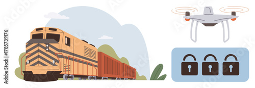 Freight train carrying goods through greenery, surveillance quadcopter flying overhead, three digital locks. Ideal for logistics, shipping, supply chain, security, innovation, monitoring protection
