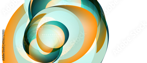 Abstract circular design. Overlapping layers create dynamic visual effect. Teal, orange, white hues dominate composition. Modern aesthetic.